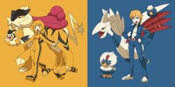  1boy blonde_hair blue_eyes blue_jacket bodysuit bomber_jacket bruce_lee&#039;s_jumpsuit commentary_request crossover drifloon elekid emolga female highres huang_baoling jacket keith_goodman look-alike midochiki muted_color orange_bodysuit parody pokemon pokemon_(creature) power_connection raikou rufflet shoes short_hair skarmory sneakers style_parody tiger_&amp;_bunny trait_connection yellow_eyes 