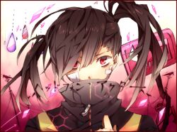  aikawa_sakuko arrow_(symbol) bad_id bad_pixiv_id bags_under_eyes bandage_on_face bandages bandaid bandaid_on_face black_hair black_jacket blunt_bangs collared_jacket covered_mouth diagonal_stripes dotted_line enomoto_takane female floating floating_object gradient_background hair_over_one_eye headphone_actor_(vocaloid) hexagon jacket kagerou_project long_hair looking_at_viewer messy_hair multicolored_background multicolored_clothes multicolored_jacket no_symbol popped_collar power_lines purple_background red_eyes road_sign serious shards sign simple_background solo song_name striped twintails two-tone_jacket upper_body utility_pole water_drop white_background yellow_jacket zipper_pull_tab 