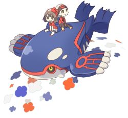  1boy bandana brendan_(pokemon) commentary_request danchi_(pomechize) female gloves kyogre may_(pokemon) pokemon pokemon_(creature) pokemon_rse riding riding_pokemon sitting white_hair 