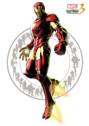  1boy 3d absurdres armor capcom fighting_stance flying full_body helmet highres iron_man male male_focus marvel marvel_vs._capcom marvel_vs._capcom_3 marvel_vs_capcom marvel_vs_capcom_3 mori_toshiaki official_art shinkiro silhouette simple_background solo text tony_stark 