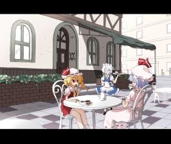  3girls ascot bad_id bad_pixiv_id brick_wall cafe cake cake_slice chair checkerboard_cookie chocolate_cake closed_eyes cookie cup drinking eating flandre_scarlet flower food fruit hat izayoi_sakuya kuromari_(runia) letterboxed maid maid_headdress multiple_girls open_mouth outdoors pavement plate puffy_short_sleeves puffy_sleeves red_eyes remilia_scarlet shoes short_hair short_sleeves sitting socks strawberry strawberry_shortcake table teacup teapot touhou tray white_hair 