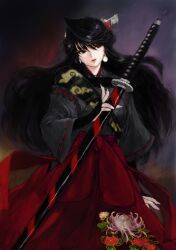  arm_guards black_hair black_kimono chrysanthemum commentary_request copyright_request earrings female flower hair_ornament japanese_clothes jewelry kimono long_hair looking_away ponsuke_(pon00000) red_eyes sheath sheathed solo standing sword weapon 