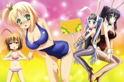  4girls :o absurdres ahoge animal_ears bikini black_hair blonde_hair blue_eyes blush body_blush bow bowtie breast_envy breast_hold breast_rest breasts brown_hair bunny_ears bunny_girl bunnysuit cleavage eucliwood_hellscythe flat_chest gauntlets green_eyes grey_legwear haruna_(kore_wa_zombie_desu_ka?) high_heels highres kore_wa_zombie_desu_ka kore_wa_zombie_desu_ka? light_particles long_hair multiple_girls navel official_art one-piece_swimsuit one_side_up panties pantyhose placard ponytail possible_duplicate purple_eyes school_swimsuit seraphim_(kore_wa_zombie_desu_ka?) sheer_legwear shoes short_hair sign silver_hair striped striped_panties swimsuit swimsuits tagashira_shinobu twintails underwear vambraces very_long_hair visor_(armor) wrist_cuffs yoshida_yuki 