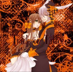  1boy alice_liddell_(heart_no_kuni_no_alice) animal_ears bow choker commentary_request couple dress female glasses gown halloween heart_no_kuni_no_alice hug orange_background partial_commentary peter_white rabbit_ears rin_(958) straight tail trick_or_treat white_rabbit_(alice_in_wonderland) 