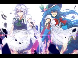  2girls blue_eyes blue_hair braid commentary_request dress food fruit hat highres hinanawi_tenshi holding izayoi_sakuya letterboxed long_hair maid maid_headdress multiple_girls nekominase nue0192 peach red_eyes sword sword_of_hisou touhou twin_braids weapon white_hair 