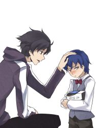  2boys aged_down anachronism black_eyes black_hair blue_eyes blue_hair blush bow bowtie box carnival_phantasm commentary_request fate/zero fate_(series) handheld_game_console headpat highres holding hood hoodie kariya-kun male_focus matou_kariya matou_shinji multiple_boys necktie open_mouth photoshop_(medium) playstation_portable simple_background uncle_and_nephew wavy_hair white_background 