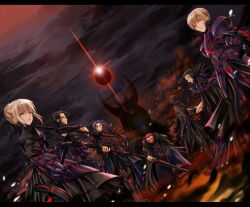  6+boys alter_servant alternate_color alternate_eye_color armor armored_dress arondight_(fate) artoria_pendragon_(fate) assassin_(fate/zero) berserker_(fate/zero) black_gloves black_hair black_sky blonde_hair book braid breastplate cape commentary_request dagger dark_persona diarmuid_ua_duibhne_(lancer)_(fate) ea_(fate/stay_night) excalibur_morgan_(fate) fate/zero fate_(series) faulds female fur_trim gae_buidhe_(fate) gae_dearg_(fate) gauntlets gilgamesh_(fate) gilles_de_rais_(caster)_(fate) gloves great_grail greaves hair_ribbon holding holding_book iroha_(shiki) iskandar_(fate) knife lancelot_(fate/zero) letterboxed mask md5_mismatch multiple_boys neon_trim on_one_knee open_book open_mouth over_shoulder pauldrons polearm puffy_sleeves purple_hair red_hair reverse_grip ribbon saber_alter short_hair shoulder_armor sky smile spear spoilers sword vambraces weapon weapon_over_shoulder yellow_eyes 