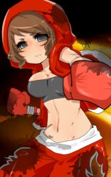  bad_id bad_pixiv_id boxing_gloves breasts brown_hair cleavage female grey_eyes hood hoodie junior_(namatamemisa) medium_breasts midriff navel open_clothes open_hoodie punching roger&#039;s_wife_(tekken) short_hair shorts solo strapless tekken tube_top 