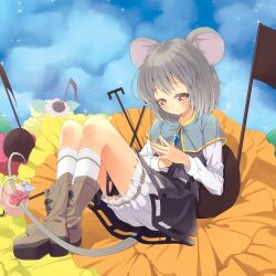  animal_ears bad_id bad_pixiv_id basket bloomers blush boots capelet chika_(orange_pop) dress female flower grey_hair jewelry mouse_(animal) mouse_ears mouse_tail musical_note nazrin red_eyes short_hair sitting sky smile solo steepled_fingers tail touhou underwear 