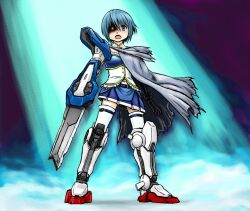  blue_eyes blue_hair broken broken_sword broken_weapon cape commentary_request female gloves glowing glowing_eye gundam gundam_00 gundam_exia kantaro_(kannown) magical_girl mahou_shoujo_madoka_magica mahou_shoujo_madoka_magica_(anime) mecha_musume miki_sayaka miki_sayaka_(magical_girl) parody short_hair solo soul_gem sword thighhighs weapon zettai_ryouiki 