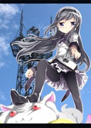  :3 aiming akemi_homura akemi_homura_(magical_girl) black_hair black_pantyhose commentary_request female from_below gun hairband handgun highres kyuubee letterboxed long_hair magical_girl mahou_shoujo_madoka_magica mahou_shoujo_madoka_magica_(anime) panties panties_under_pantyhose pantyhose purple_eyes s040784 skirt stepped_on underwear weapon 