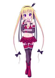  bad_id bad_pixiv_id blonde_hair collar commentary_request female flat_chest garter_belt highres long_hair looking_at_viewer navel original ouji_(jp) purple_eyes rosa_(ouji) simple_background slim_legs smile solo twintails vampire very_long_hair white_background 