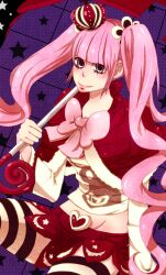  arched_crown bad_id bad_pixiv_id capelet crop_top crown female long_hair midriff mini_crown miniskirt one_piece perona pink_hair red_crown skirt solo striped_clothes striped_thighhighs tekebotti thighhighs twintails umbrella very_long_hair 