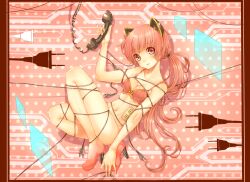  animal_ears bare_shoulders bra breasts brown_eyes brown_hair cable cleavage collarbone commentary_request corded_phone electrical_outlet fake_animal_ears female high_heels highres lingerie long_hair looking_at_viewer medium_breasts navel nekomura_iroha phone polka_dot rojiko shoes solo underwear vocaloid 