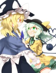  2girls :d after_battle black_headwear blonde_hair blue_bow blue_capelet blush bow braid capelet commentary_request dress eyeball floral_print frilled_capelet frilled_shirt_collar frilled_sleeves frills green_eyes green_hair grin hair_between_eyes hairbow happy hat hat_bow heart heart_of_string hug husui_parashi kirisame_marisa koishi_day komeiji_koishi long_hair long_sleeves looking_at_another medium_hair multiple_girls open_mouth photoshop_(medium) ribbon rose_print sailor_collar shirt short_hair sidelocks simple_background skirt smile subterranean_animism teeth third_eye touhou upper_teeth_only wavy_hair white_background white_bow witch witch_hat yellow_bow yellow_eyes yellow_shirt 