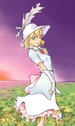  alternate_costume bridal_gauntlets colored_eyelashes commentary_request feathers female field flower flower_field formal green_eyes hat mizuhashi_parsee pointy_ears rose short_hair short_sleeves solo standing symbolism touhou uronaros yellow_flower yellow_rose 