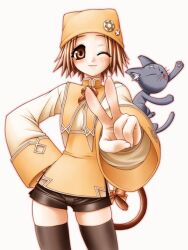  black_shorts brown_eyes brown_hair cat_tail commentary_request feline female hat hexagram mahitovii one_eye_closed original short_hair shorts smile solo star_of_david tail thighhighs v 