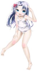  :d ass_visible_through_thighs bad_id bad_pixiv_id barefoot blue_eyes blush boku_wa_tomodachi_ga_sukunai commentary_request female full_body grey_hair hair_ornament hand_on_thigh heart heart_hair_ornament highres knee_blush long_hair looking_at_viewer muunyan_(yumenekoya) oerba_yun_fang one-piece_swimsuit open_mouth salute school_swimsuit simple_background smile solo standing swimsuit takayama_maria toes white_background white_one-piece_swimsuit 