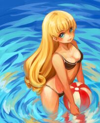  anonymous_drawfag_(artist) artist_request ball beachball bikini bikini_top_only black_bikini blonde_hair blue_eyes breasts check_artist cleavage dai_(series) daiteikoku female highres imageboard_desourced long_hair medium_breasts open_mouth retia_adolf smile solo swimsuit wading water 