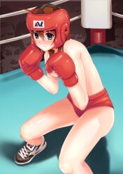  audience bad_id bad_pixiv_id blush boxing boxing_gloves boxing_headgear boxing_ring brown_hair buruma female green_eyes namakemono_(u446644k) orange_buruma original shadow shoes short_hair sneakers solo topless 