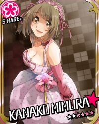  bare_shoulders breasts brown_eyes brown_hair card_(medium) card_parody character_name choker cinderella_girls_card_parody cleavage commentary_request elbow_gloves erika1015 female flower flower_(symbol) gloves hairband idolmaster idolmaster_cinderella_girls large_breasts mimura_kanako parody pink_dot_balloon_(idolmaster) plaid plaid_background smile solo star_(symbol) 