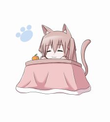  &gt;_&lt; ... :3 =_= animal_ears animated animated brown_hair cat_ears cat_tail chibi closed_eyes female food fruit kotatsu kuwachii light_bulb mandarin_orange o_o original paw_print simple_background solo table tail under_kotatsu under_the_table v-shaped_eyebrows x3 