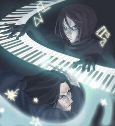  2boys bad_id bad_pixiv_id black_eyes black_hair cross-eyed gloves harry_potter_(series) instrument keyboard_(instrument) multiple_boys musashi_(giojo) musical_note pale_skin photoshop_(medium) sekomumasada_sensei severus_snape wand white_gloves wizarding_world yume_nikki 