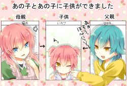  2boys androgynous apron aqua_hair arrow_(symbol) blue_eyes cheek_poking commentary_request female food fruit holding holding_spoon if_they_mated inazuma_eleven_(series) inazuma_eleven_go kariya_masaki kirino_ranmaru multiple_boys open_mouth photoshop_(medium) pink_hair poking spoon strawberry translation_request twintails wince yellow_eyes yuzuki000 