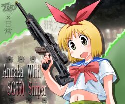  alternate_costume annaka_haruna assault_rifle bipod blonde_hair blush bow bowtie bullet_hole character_name commentary_request copyright_name cork cosplay crossover female finger_on_trigger green_eyes gun hairbow holding holding_gun holding_weapon midriff navel nichijou open_mouth parody rifle rokushaku_neko sadohara_kaori school_uniform scope serafuku short_hair sig_sauer sig_sg550 sniper_rifle solo upotte!! voice_actor_connection weapon 