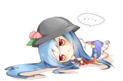  :&lt; blue_hair chibi commentary_request dress female food fruit hat hinanawi_tenshi long_hair peach red_eyes solo sword_of_hisou tosura-ayato touhou white_background 