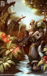  1boy absurdres blue_sky camouflage flower forest gun highres jungle looking_at_viewer male_focus martin_houlden nature overgrown phantasy_star phantasy_star_online photoshop_(medium) racast rifle robot ruins signature sky solo standing stream tree water weapon 