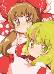  2girls blonde_hair bow breasts brown_eyes brown_hair commentary_request detached_sleeves hairbow hakurei_reimu hand_on_another&#039;s_head headpat heart heart-shaped_pupils kirisame_marisa medium_breasts multiple_girls no_headwear randou smile symbol-shaped_pupils touhou yellow_eyes yuri 