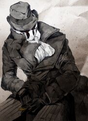  1boy absol_(dkqthf) ascot bad_id bad_pixiv_id buttons coat commentary_request fedora gloves hat looking_away male_focus mask monochrome pants pinstripe_pants pinstripe_pattern rorschach sitting smiley_face solo striped trench_coat watchmen 