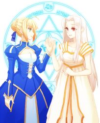  2girls ahoge artoria_pendragon_(fate) blonde_hair commentary_request dress fate/zero fate_(series) green_eyes hair_ribbon high_five irisviel_von_einzbern irisviel_von_einzbern_(angel&#039;s_song) long_hair magic_circle marydill multiple_girls red_eyes ribbon saber_(fate) white_hair 