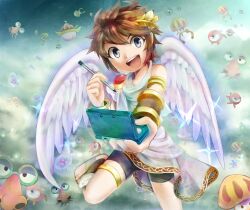  1boy :d angel azumi_(tks-sd) belunka blue_eyes bracer brown_hair commentary_request commyloose company_connection foreshortening handheld_game_console kid_icarus kid_icarus_uprising komayto looking_at_viewer male_focus metroid monoeye nintendo_3ds open_mouth pit_(kid_icarus) sky smile solo specknose stylus teeth wings 