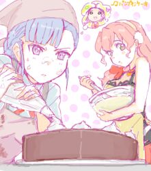  3girls alpha_(smashbox) apron bad_id bad_pixiv_id baking bandana blue_hair bow cake cream fin_e_ld_si_laffinty food heart kyouno_madoka messy mixing mixing_bowl muginami multiple_girls orange_hair pastry_bag polka_dot polka_dot_background purple_eyes rinne_no_lagrange 