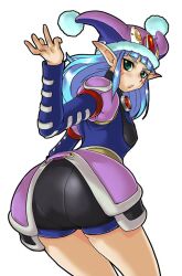  arm_up ass bare_legs blue_hair blunt_bangs bobabo buruma commentary_request facial_mark female fonewearl from_behind green_eyes hat jester_cap long_hair long_sleeves looking_back phantasy_star phantasy_star_online pointy_ears pom_pom_(clothes) puffy_sleeves rupika sidelocks simple_background skirt solo white_background 