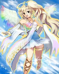  angel angel_wings bad_id bad_pixiv_id bare_shoulders blonde_hair brown_eyes cloud detached_sleeves female flying halo long_hair open_mouth original photoshop_(medium) rainbow_order shiawase_usagi side_ponytail sky solo sparkle traditional_halo wings 