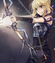  adapted_costume aiming alternate_costume alternate_universe arrow_(projectile) artoria_pendragon_(fate) belt blonde_hair bow_(weapon) drawing_bow fate/stay_night fate_(series) female girdle green_eyes holding holding_arrow holding_bow_(weapon) holding_weapon imageboard_desourced non-web_source outstretched_arm photoshop_(medium) ribbon rynn_(seibu) saber_(fate) solo weapon 