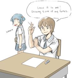  1boy 2girls aioi_yuuko animated animated bad_id bad_tumblr_id blood blue_hair brand_name_imitation brown_eyes brown_hair cube_hair_ornament drawing english_text eraser gokotan hair_ornament how_to lowres multiple_girls naganohara_mio necktie nichijou no_pupils samidare_george school_uniform short_hair short_twintails skirt tokisadame_school_uniform tombow_mono twintails vomit 