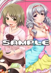  2girls :d blush bow bracelet breasts brown_eyes brown_hair casual commentary_request drill_hair eating finger_to_mouth grey_hair hairband idolmaster idolmaster_cinderella_girls jewelry medium_breasts mimura_kanako multiple_girls necklace open_mouth purple_eyes sakakibara_satomi sample_watermark shorts skirt smile snack spoon thighhighs twin_drills twintails watermark zanzi 