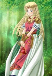  blonde_hair blue_eyes commentary_request crown dress earrings female highres jewelry long_dress long_hair necklace own_hands_together plant pointy_ears princess_zelda solo tamamon the_legend_of_zelda the_legend_of_zelda:_a_link_to_the_past triforce 