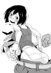  aoi_hana_(oumagadoki_doubutsuen) assisted_exposure bare_shoulders belt box carrot clothes_pull commentary_request dropping female gloves greyscale looking_back monochrome open_mouth oumagadoki_doubutsuen panties pants pants_pull pulling_own_clothes short_hair solo_focus surprised taichi_(tomo) tank_top underwear 