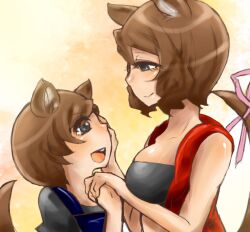  1boy animal_ears bad_id bad_pixiv_id brown_hair female grey_eyes highres holding_hands junior_(namatamemisa) kangaroo_girl mother_and_son personification ribbon roger&#039;s_wife_(tekken) roger_jr. short_hair smile tail tail_ornament tail_ribbon tekken 