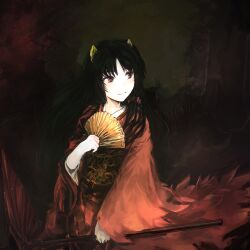  animal_ears bad_id bad_pixiv_id black_hair female folding_fan hand_fan hinomoto_oniko horns japanese_clothes kamemushi_(hoozuki) kimono oil-paper_umbrella oni oni_horns original photoshop_(medium) red_eyes red_kimono smile solo umbrella 