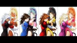  2girls alternate_color aqua_hair black_hair blonde_hair blue_headband breasts brown_eyes brown_hair column_lineup commentary_request crossover dark-skinned_female dark_skin earrings gloves green_eyes grey_eyes guilty_gear headband high_ponytail highres hug jewelry leotard letterboxed long_hair medium_breasts melficexd millia_rage multiple_girls multiple_persona one_eye_closed orange_hair photoshop_(medium) pink_eyes player_2 ponytail red_eyes sideboob small_breasts smile sofia_(toushinden) toushinden trait_connection white_background white_hair wide_ponytail 