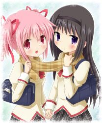  2girls akemi_homura bag black_hair blush commentary_request hair_ribbon hairband holding_hands interlocked_fingers kaname_madoka kyuubee long_hair mahou_shoujo_madoka_magica mahou_shoujo_madoka_magica_(anime) mitakihara_school_uniform multiple_girls pink_eyes pink_hair purple_eyes ribbon scarf school_uniform shared_clothes shared_scarf shoulder_bag skirt twintails yoshitani_(aminosan) 