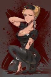  ;o bad_id bad_pixiv_id black_pantyhose blonde_hair blood blood_on_face blood_stain breasts cleavage dorohedoro earrings female hair_up hat jewelry medium_breasts mintcinnamon noi_(dorohedoro) nurse nurse_cap on_one_knee one_eye_closed pantyhose red_eyes solo 