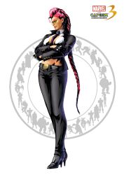  absurdres belt between_breasts black_gloves black_pants braid breasts capcom crimson_viper crossed_arms earrings female female full_body gloves high_heels highres jewelry long_hair marvel marvel_vs._capcom marvel_vs._capcom_3 marvel_vs_capcom marvel_vs_capcom_3 midriff mori_toshiaki necktie official_art pants pink_hair pompadour shinkiro shoes silhouette single_braid solo standing street_fighter street_fighter_iv sunglasses very_long_hair 