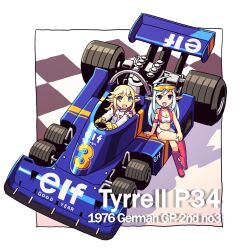  2girls ahoge aqua_eyes aqua_hair arm_support bad_id bad_pixiv_id blonde_hair boots breasts car chingisu cleavage crossed_legs elf eyewear_on_head formula_one formula_racer knee_boots medium_breasts midriff miniskirt motor_vehicle multiple_girls name_connection navel pointy_ears product_placement purple_eyes race_queen race_vehicle racecar racing_suit sitting skirt sunglasses tyrrell tyrrell_p34 vehicle_focus 